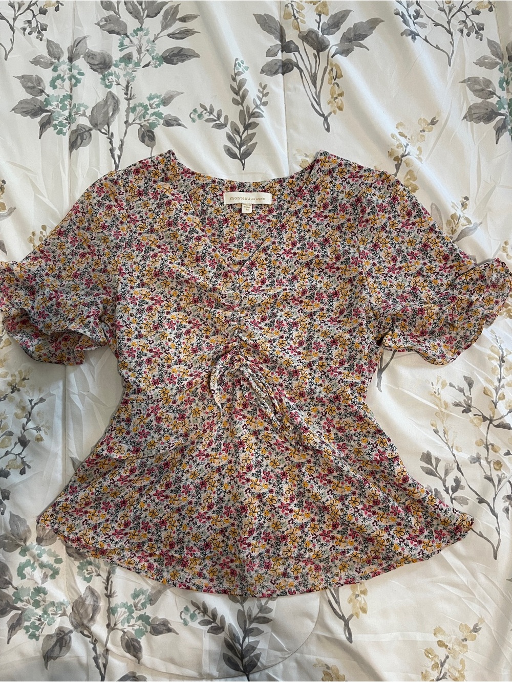 Monteau Floral Ruched Tie-Front Blouse - Yellow, Pink, Green